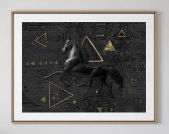 May include: Framed art print showing a black horse leaping against a textured black backdrop. Gold geometric shapes, including triangles, are scattered across the surface, creating a striking contrast.