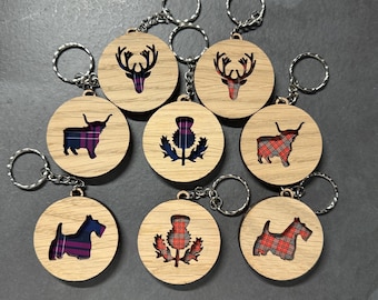 Scottish Oak Veneer Keychain, Tartan Scottie Dog, Highland Cow, Thistle, Stag