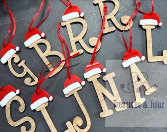 Christmas style Initial tree decoration bauble, oak veneer with Santa hat red, rustic Alphabet, Christmas gift, keepsake