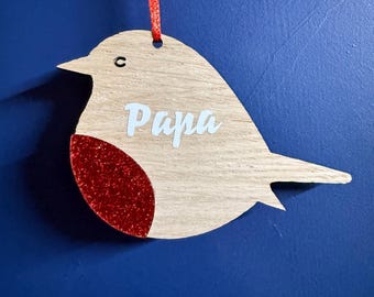 Personalized Oak Veneer Robin Ornament, Glitter Red Breast, Memorial Bauble