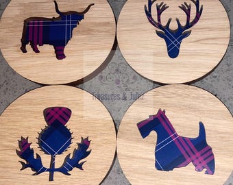 Scottish themed Oak Veneer Coasters: Tartan Highland Cow, Stag, Thistle, Scottie Dog, individual or set of 4. Burns night St Andrews Day