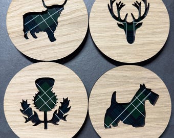 Scottish themed Oak Veneer Coasters: Tartan Highland Cow, Stag, Thistle, Scottie Dog, individual or set of 4. Christmas gift blackwatch