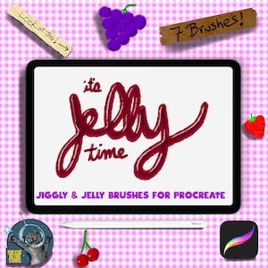 Puede incluir: Una ilustración digital de una pantalla de tableta con el texto "it's jelly time" en una fuente roja con forma de gelatina. El texto está rodeado de un fondo a cuadros rosa y blanco. La tableta está sobre una mesa con un lápiz óptico, un racimo de uvas, una fresa y una cereza. El texto "Jiggly & Jelly Brushes for Procreate" está en la parte inferior de la pantalla. La imagen es un producto digital para usar con la aplicación Procreate.