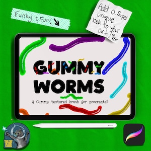 Può includere: Un'illustrazione digitale di uno schermo di tablet che mostra il testo "GUMMY WORMS" in nero con spruzzi colorati. Il testo è circondato da forme di vermi gommosi testurizzati e colorati. Il testo sotto il titolo dice "A Gummy textured brush for procreate!"
