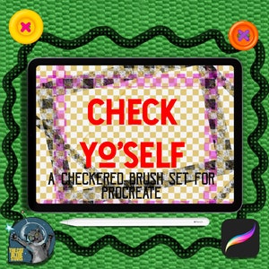 Puede incluir: Una ilustración digital de una pantalla de tableta que muestra un conjunto de pinceles a cuadros para Procreate. El texto en la pantalla dice "CHECK YO'SELF A CHECKERED BRUSH SET FOR PROCREATE".