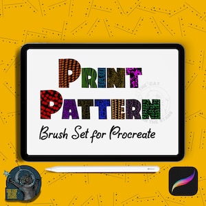 May include: A digital illustration of a tablet screen displaying the text "PRINT PATTERN Brush Set for Procreate" in black text on a white background. The text "PRINT PATTERN" is made up of colourful patterned letters. The image is set against a yellow background with black lines.