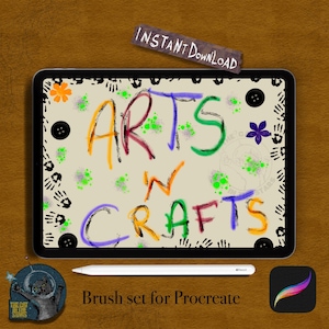 May include: A digital illustration of the words "Arts & Crafts" written in colorful, textured brushstrokes on a beige background. The background is decorated with black handprints, colorful dots, and buttons. The image is displayed on an iPad screen with a stylus and the Procreate app icon visible.