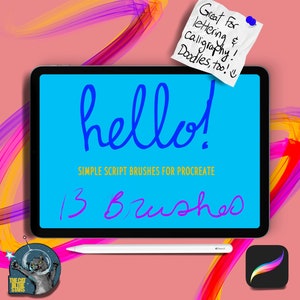 Puede incluir: Una pantalla de iPad azul que muestra una ilustración digital de la palabra "¡hola!" en una fuente de escritura a mano. El texto "SIMPLE SCRIPT BRUSHES FOR PROCREATE" se muestra debajo de la palabra "¡hola!" en texto amarillo. El texto "13 Brushes" se muestra debajo del texto "SIMPLE SCRIPT BRUSHES FOR PROCREATE" en texto morado. Una nota blanca con texto manuscrito negro es parcialmente visible en la esquina superior derecha de la imagen. La nota dice "Great For lettering & Calligraphy! Doodles, too!"