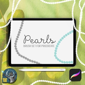May include: A digital illustration of a tablet screen with the text "Pearls Brush Set for Procreate" displayed on a white background. Two pearl necklaces, one gray and one blue, are shown on the screen. The tablet is surrounded by white pearl necklaces on a green background.