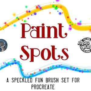 Può includere: Un design grafico colorato per un set di pennelli digitali chiamato "Paint Spots" per l'app Procreate. Il design presenta una linea ondulata gialla e blu con punti colorati e il testo "Paint Spots" in rosso.