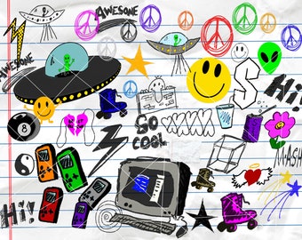 Hand drawn 1990s 2000s Doodle theme groovy clip art png Digital Download for scrapbooking stickers design card making commercial use
