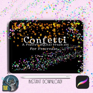 Può includere: Un'illustrazione digitale di uno schermo di tablet che mostra uno sfondo nero con coriandoli colorati. Il testo "Confetti" è visualizzato in bianco con le parole "A Festive digital brush set for Procreate" sotto. Il testo "INSTANT DOWNLOAD!" è visualizzato in bianco sotto lo schermo del tablet.