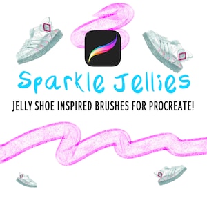 Può includere: Sparkle Jellies: Pennelli ispirati alle scarpe di gelatina per Procreate! Un'illustrazione digitale di un'icona dell'app Procreate con un tratto di pennello, circondata da quattro scarpe di gelatina con accenti glitterati. Lo sfondo è bianco con un tratto di glitter rosa.