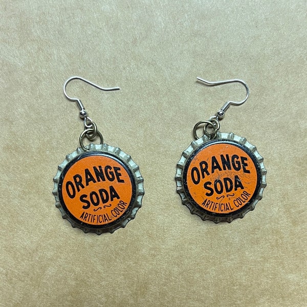 EARRINGS! Vintage ORANGE soda bottle cap  Made with authentic antique bottle caps! Grunge cosplay dystopian punk pop fashion art