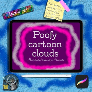 Puede incluir: Una ilustración digital de una pantalla de tableta que muestra un conjunto de pinceles de nubes de dibujos animados dibujados a mano para la aplicación Procreate. El texto "Poofy cartoon clouds" se muestra en la pantalla. El texto "Fun Comic Cartoon Cloud brushes! Add some pop to your art!" está escrito en una nota adhesiva amarilla.