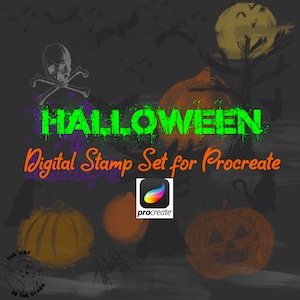 Halloween Stempel Set voor Procreate Digital Download spooky oktober vleermuizen trick or treat Instagram instant flyers schedel pompoenen jack
