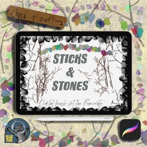 May include: A digital illustration of a tablet screen displaying a set of digital brushes for Procreate called "Sticks & Stones". The brushes are designed to create realistic stick and stone textures.