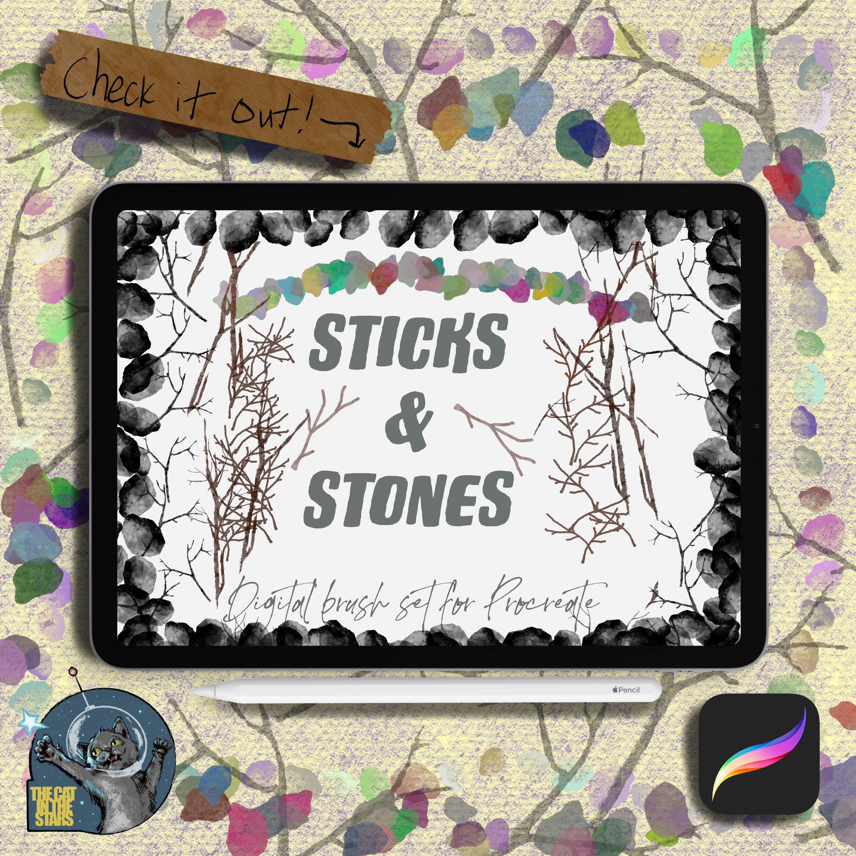 Sticks & Stones Procreate Stempel-Pinsel – Rustikale Natur: Kiesel, Edelsteine, Holz & Pagan-Elemente (Digitaler Download, Kommerzielle Nutzung)