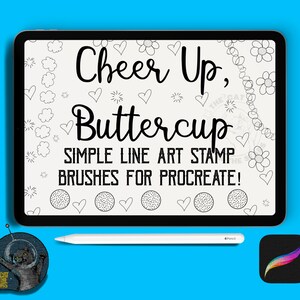 以下が含まれることがあります： Procreate 用のシンプルなラインアートスタンプブラシのセットがタブレット画面に表示されているデジタルイラスト。ブラシには、ハート、花、雲、星が含まれています。画面のテキストは「Cheer Up, Buttercup SIMPLE LINE ART STAMP BRUSHES FOR PROCREATE!」です。