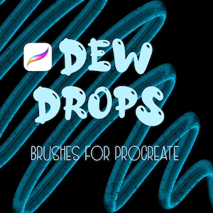 May include: Blue and white text on a black background reads "DEW DROPS" with the Procreate app icon. The text is stylized with a dripping water effect. Below the text is "BRUSHES FOR PROCREATE".