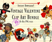 Vintage Valentine’s Day Clip Art BUNDLE 46 hi res png files commercial use authentic scrapbook designs holiday gift cards paper craft prints