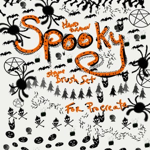 Może przedstawiać: Zestaw ręcznie rysowanych, upiornych pędzli do Halloween dla Procreate. Pędzle zawierają obrazy pająków, nietoperzy, czaszek, dyni, kotłów, gwiazd i wiele innych. Tekst "Spooky" jest napisany na pomarańczowo z czarnymi kropkami.