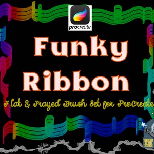 Può includere: Funky Ribbon - Flat & Frayed Brush Set for Procreate. Un design grafico colorato con un nastro arcobaleno e il testo "Funky Ribbon" in arancione e rosa. Il testo "Flat & Frayed Brush Set for Procreate" è in giallo.