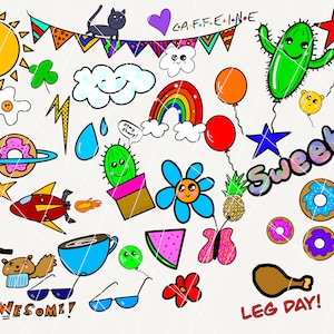 Dessin à la main Doodle art happy clip art téléchargement numérique png 300dpi autocollants planificateur sublimation design haute résolution coloré Utilisation commerciale
