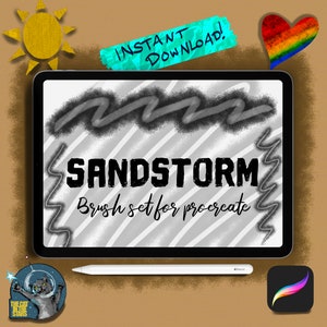 May include: A digital illustration of a tablet screen displaying a set of Procreate brushes called "Sandstorm". The brushes are designed to create a textured, sandy effect. The image also includes a sun, a heart, and a stylus.