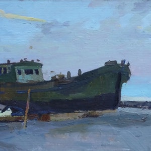 Boote | Landschaftsmalerei auf Leinwand, original Ölgemälde, Vintage Ölgemälde, impressionistische Malerei, original Bildende Kunst, Wand-Dekor