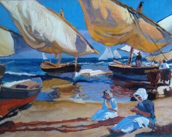 On the Beach at Valencia/Painting on Canvas,original oil painting,Vintage oil paintings,impressionist painting,original fine art, wall decor