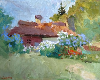 Near the house /IMPRESSIONIST ART/Original Oil PaintingRural Landscape / Countyside viewSigned, One of a kind artwork, Plein Air Painting