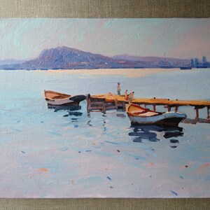 Boote | Landschaftsgemälde auf Leinwand, Original Ölgemälde, Vintage Ölgemälde, impressionistische Malerei, originale Kunst, Dekor
