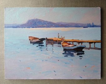 Boats  | Landscape Painting on Canvas, original oil painting, Vintage oil paintings,impressionist painting, original fine art, decor
