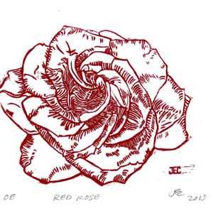 ROSE PRINTS Hand-carved, hand-pressed linoleum relief prints, multi-colored: red, blue, black. Printed on 8x10 printmaking paper. image 1