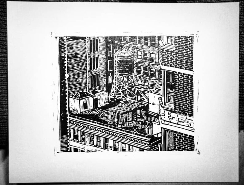 ONE WATERTOWER linocut hand-carved, hand-pulled relief print image 1