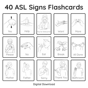 Schede didattiche sui segni ASL - 40 segni comuni per un facile apprendimento dell'ASL, strumenti didattici per le classi o la scuola domestica, supporto per le classi sull'autismo