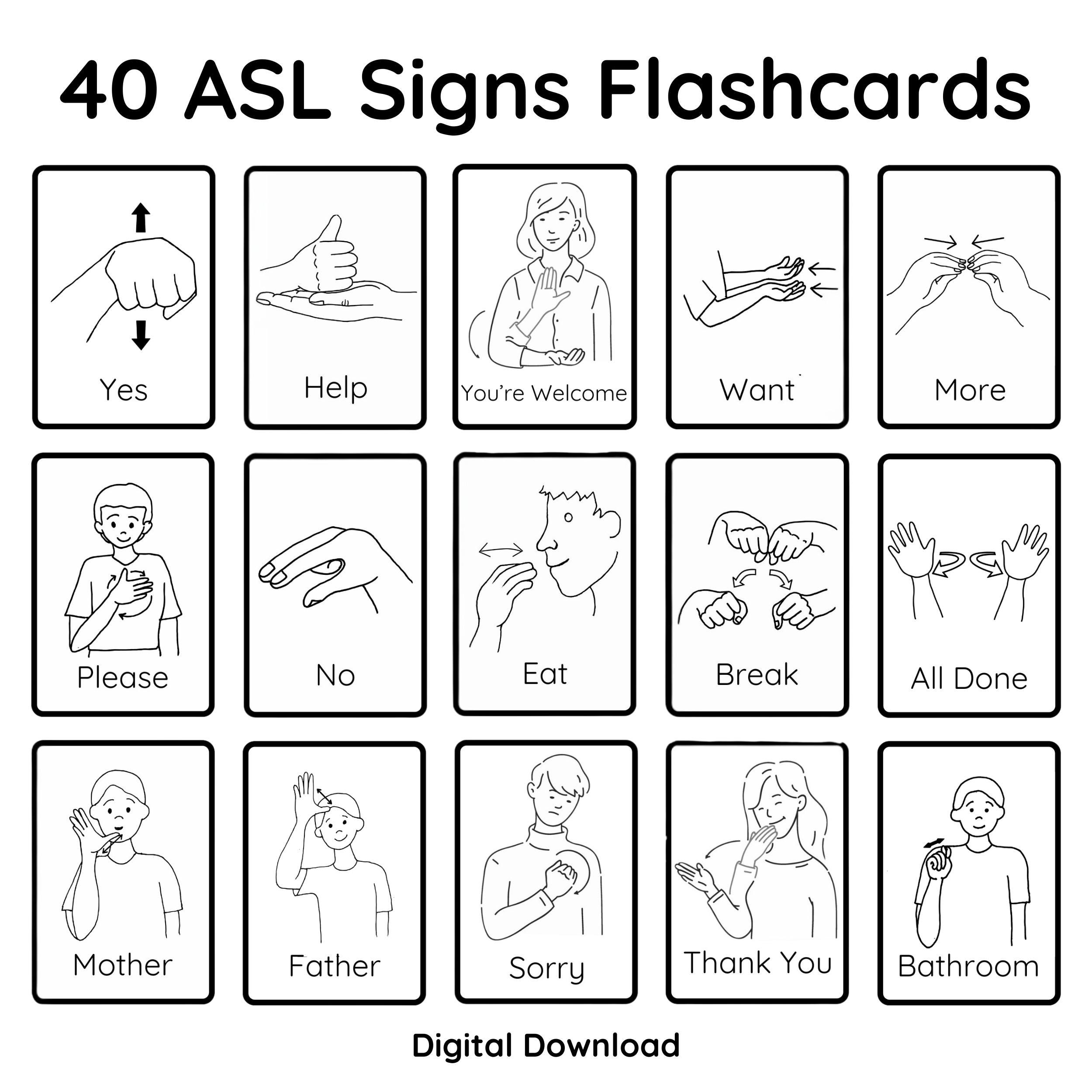 ASL Signs Flashcards - 40 Common Signs for Easy ASL Learning