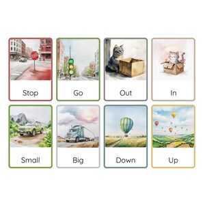 May include: A set of eight watercolour illustrations depicting various concepts, including stop, go, out, in, small, big, down, and up. Each illustration features a different scene, such as a stop sign, a traffic light, a cat, a kitten, a car, a lorry, a hot air balloon, and a group of hot air balloons.