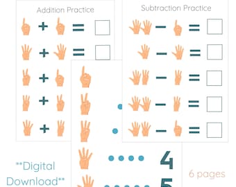 Preschool Addition Subtraction Worksheets | Finger Math Visual Aids (Digital Download)