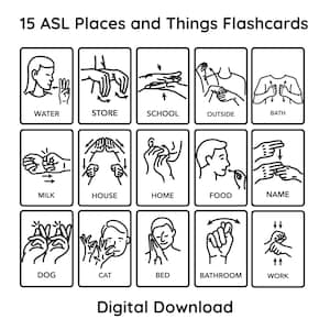 ASL Orte/Dinge Karteikarten - 15 Zeichen für einfaches ASL Lernen, Lehrmittel für Klassenzimmer oder Heimschule, Autismus-Klassenzimmer unterstützt