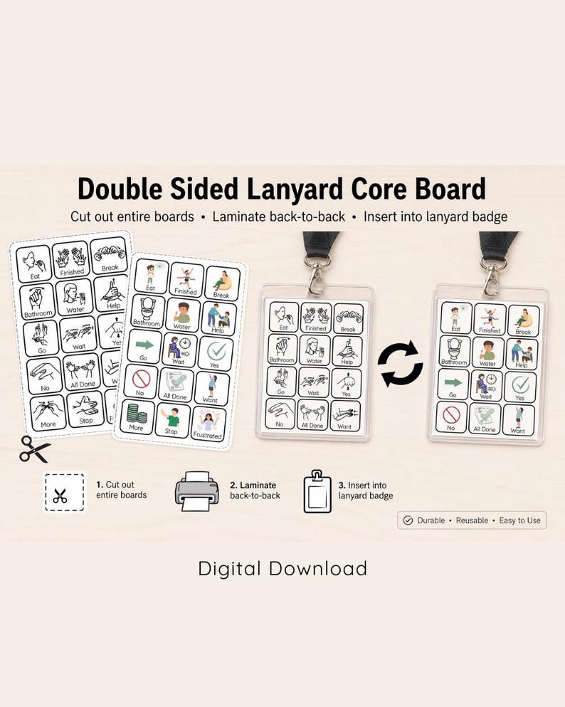 AAC Lanyard Core Board, ASL and Symbols Communication Aid (Digital Download) image 3