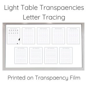 May include: A set of eight letter tracing worksheets printed on transparency film. The worksheets are designed for use with a light table. The first worksheet shows the uppercase and lowercase letters A and a.