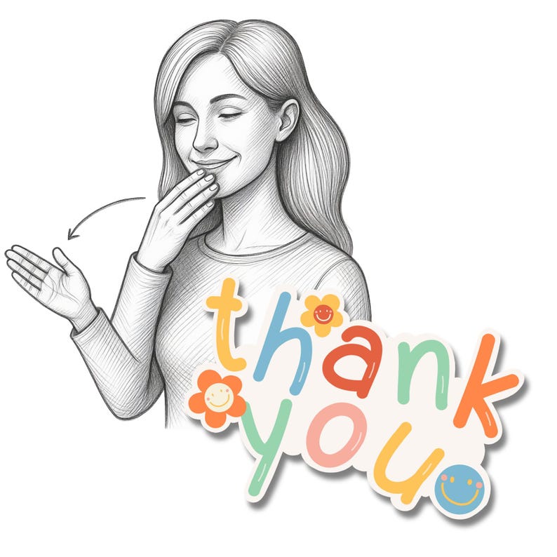 May include: A black and white line drawing of a person with long hair, one hand near their mouth and the other gesturing outward, accompanied by a colorful sticker featuring the text thank you with orange and yellow flower and smiley face icons.