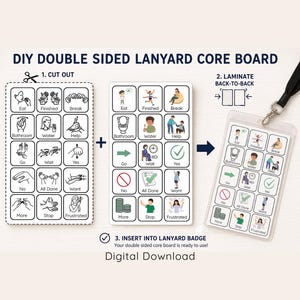 May include: A DIY double-sided lanyard core board digital download featuring a grid of communication icons. The set includes a black-and-white line art sheet, a color illustration sheet, and a finished lanyard badge with a black strap.