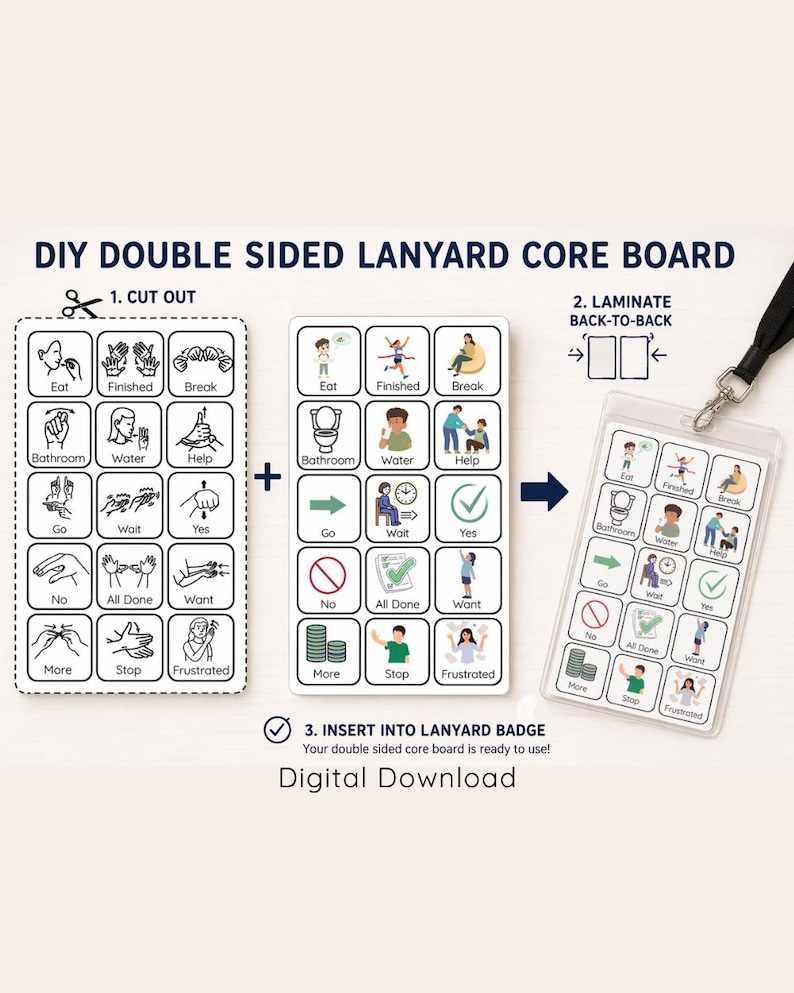 May include: A DIY double-sided lanyard core board digital download featuring a grid of communication icons. The set includes a black-and-white line art sheet, a color illustration sheet, and a finished lanyard badge with a black strap.