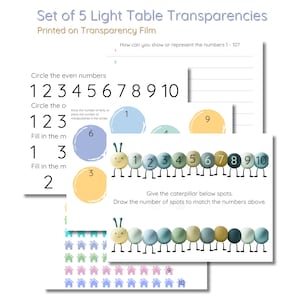 Puede incluir: Conjunto de cinco transparencias para mesa de luz impresas en película transparente. Las transparencias presentan una oruga con los números del 1 al 10 en su cuerpo y un número correspondiente de puntos debajo. El conjunto también incluye actividades para contar y reconocer números.