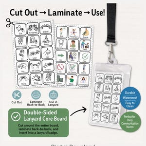 May include: A digital download featuring a double-sided lanyard core board with communication icons. The set includes printable sheets with black and white line drawings of hand signs and actions, a clear plastic badge holder, and a black lanyard strap.