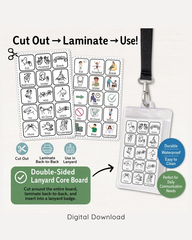 May include: A digital download featuring a double-sided lanyard core board with communication icons. The set includes printable sheets with black and white line drawings of hand signs and actions, a clear plastic badge holder, and a black lanyard strap.