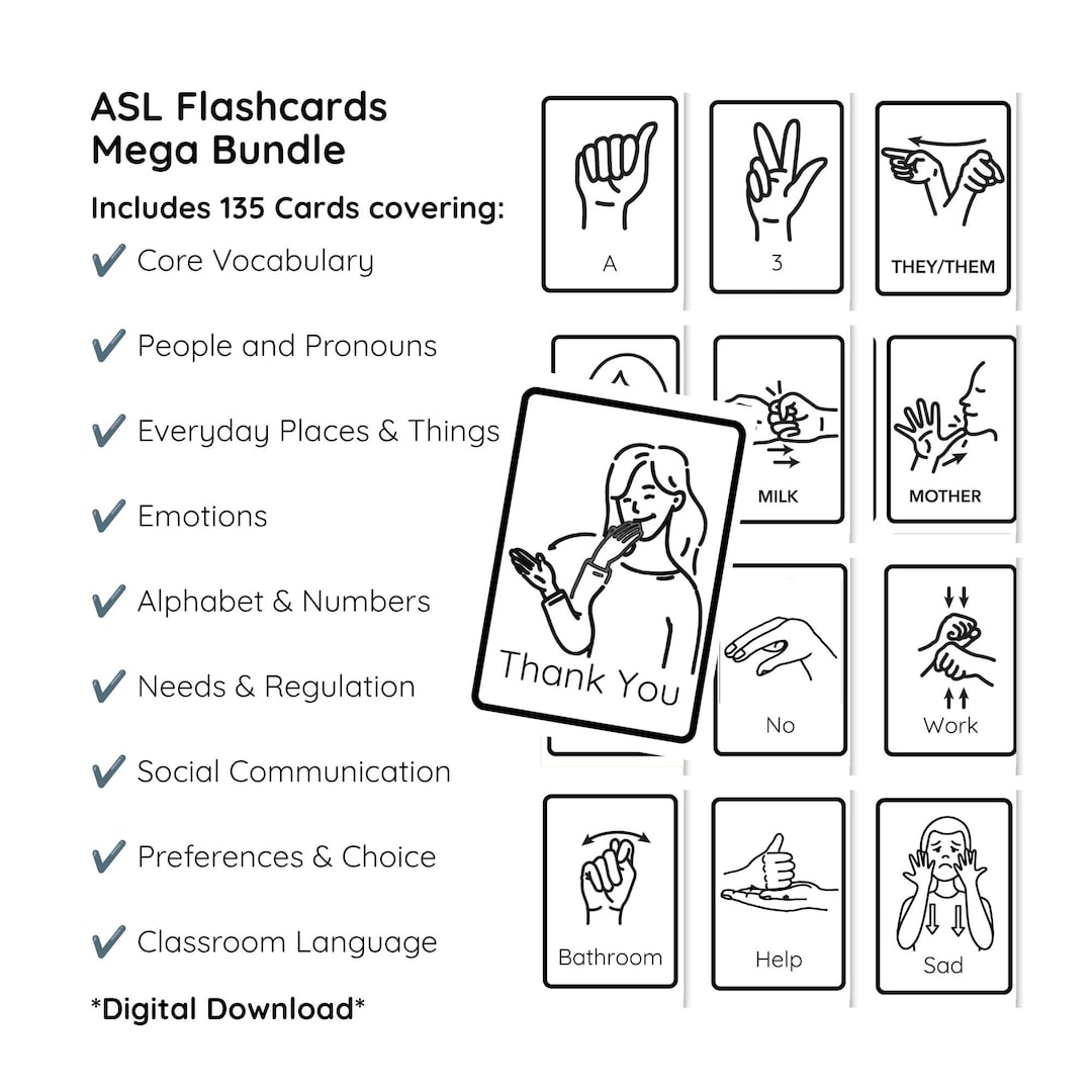 135 ASL Flashcards MEGA Bundle, American Sign Language, Core Vocabulary ...
